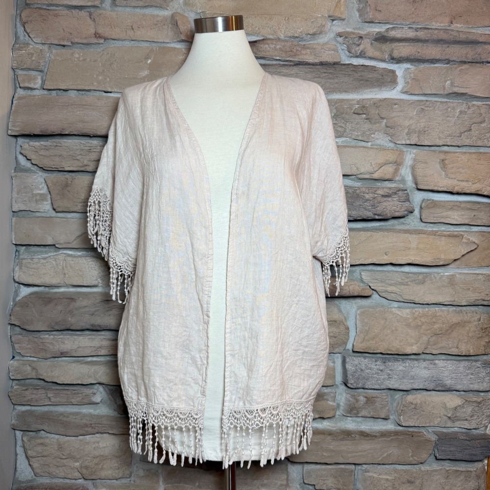 Valentina Naldi Made in Italy Linen Kimono Cardigan Fringe Crochet Trim One Size